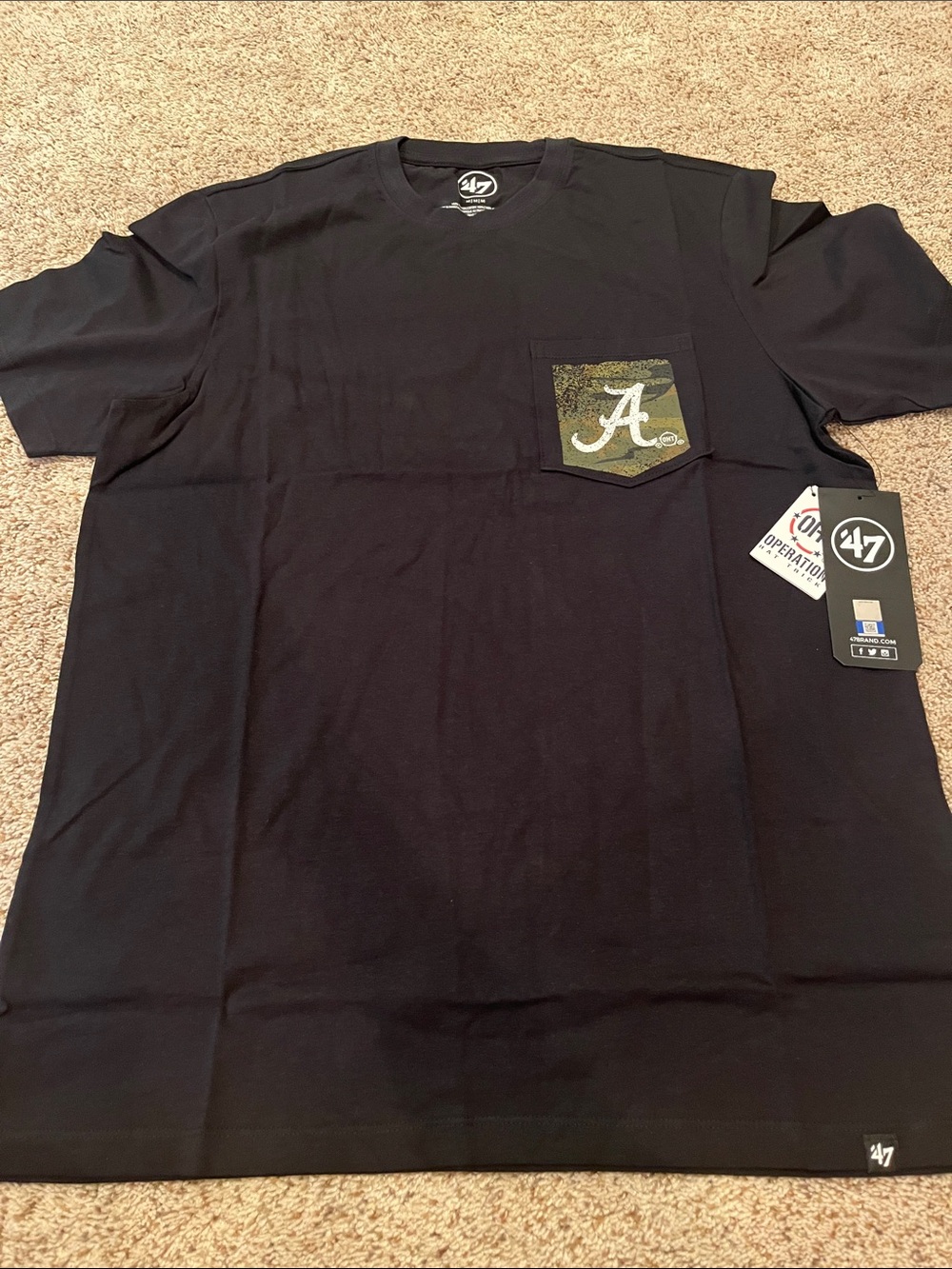 '47 Brand Men's Black Short Sleeve Tee with Camo Pocket and White 'A' Logo